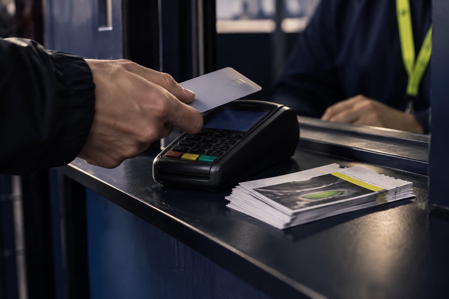 A hand tapping a card on a terminal at a box office counter, printed tickets beside it